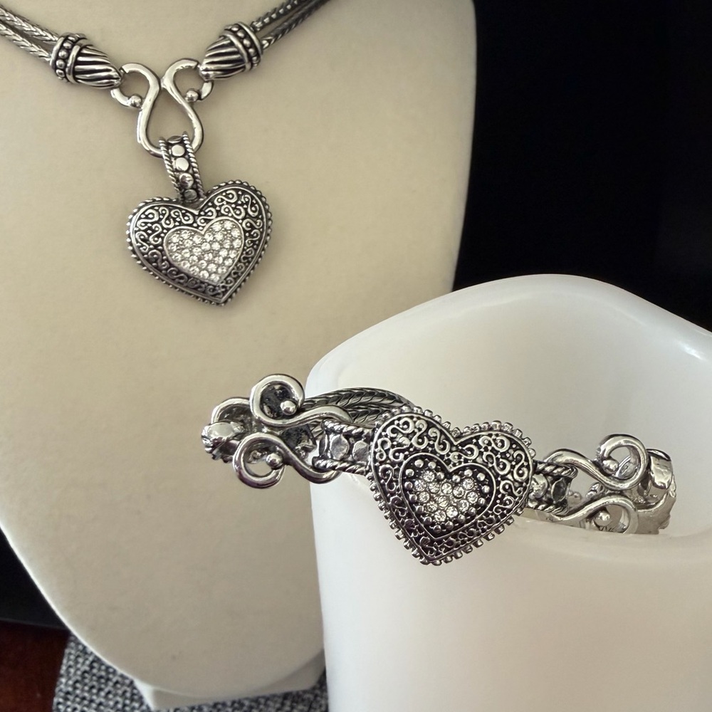Lia Sophia Silver Heart Double Chain Necklace/Bracelet (7-8”) Bundle